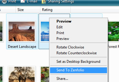 Right Click on any image or folder and click 'Send to Zenfolio'